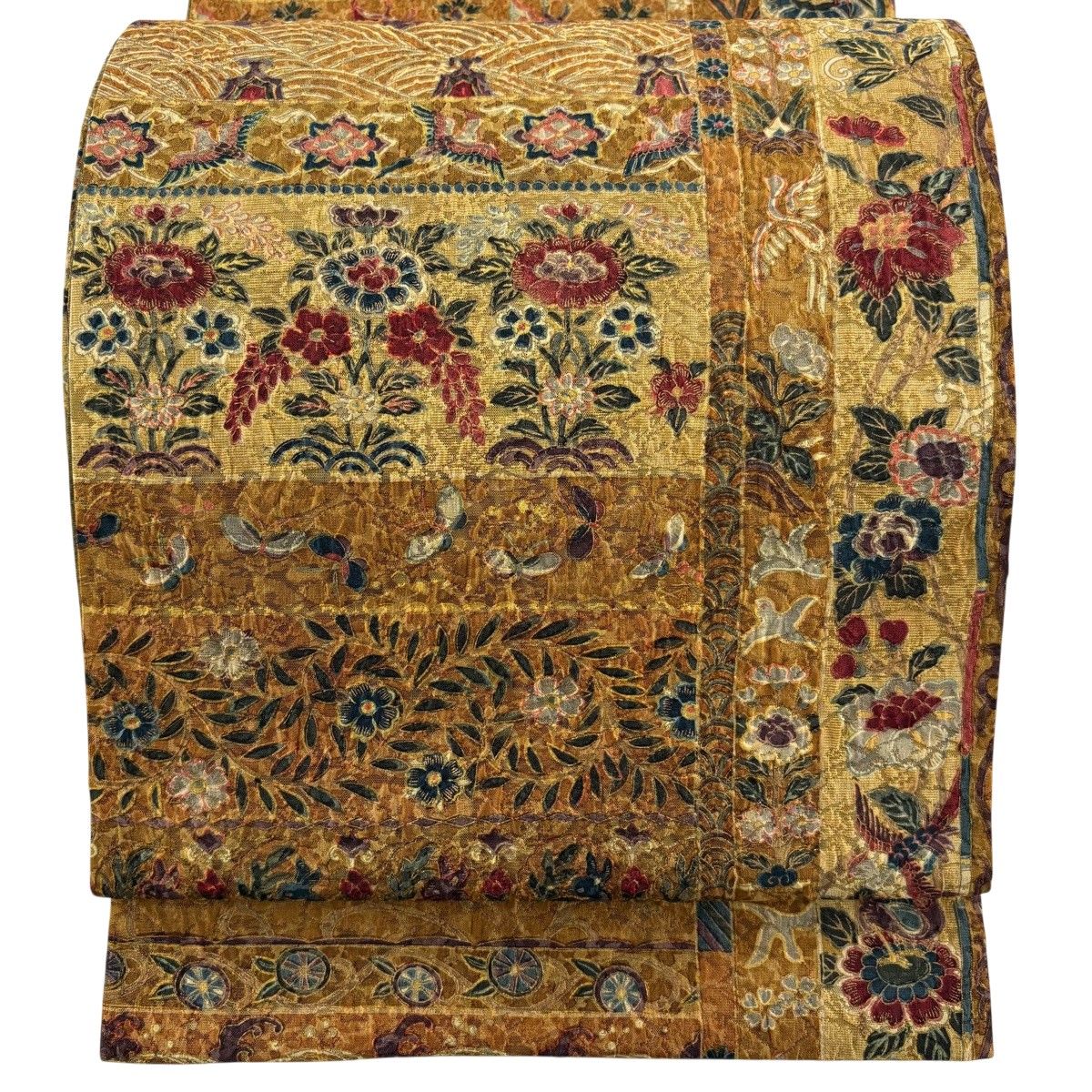 【美品】 袋帯 名品 纐纈 花鳥 蝶 金彩 山吹茶色 全通 正絹 【中古】