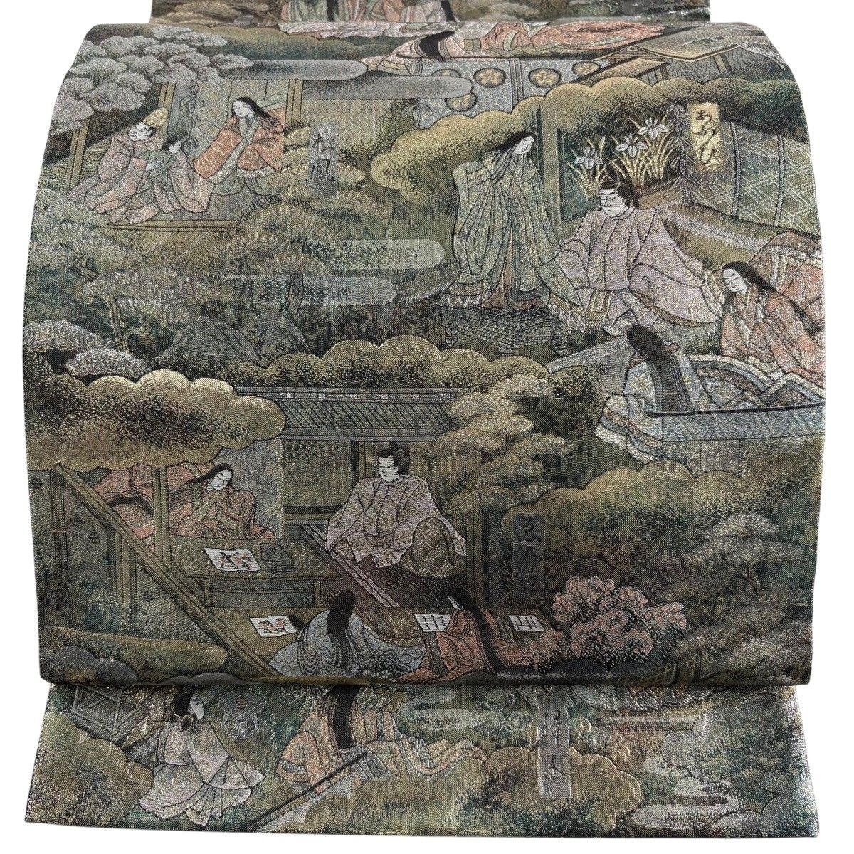 【美品】 袋帯 名品 源氏物語絵巻 金銀糸 箔 金色 お太鼓柄 正絹 【中古】