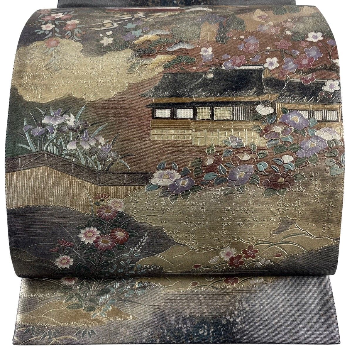 袋帯 名品 建物 雲文 螺鈿 金彩 銀色 お太鼓柄 正絹 【中古】