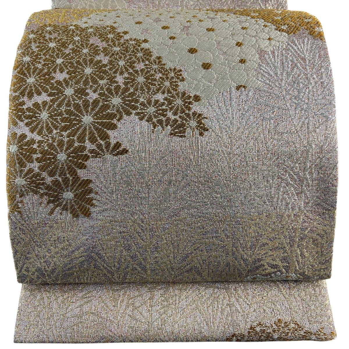 【美品】 袋帯 名品 樹木 花 金銀糸 金色 六通 正絹 【中古】