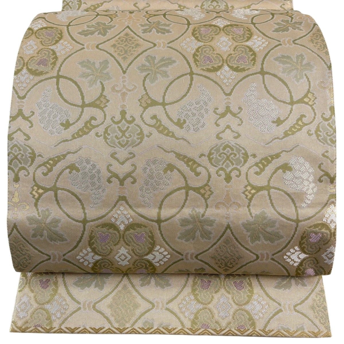【美品】 袋帯 名品 葡萄唐草 華文 金糸 箔 ベージュ 全通 正絹 【中古】