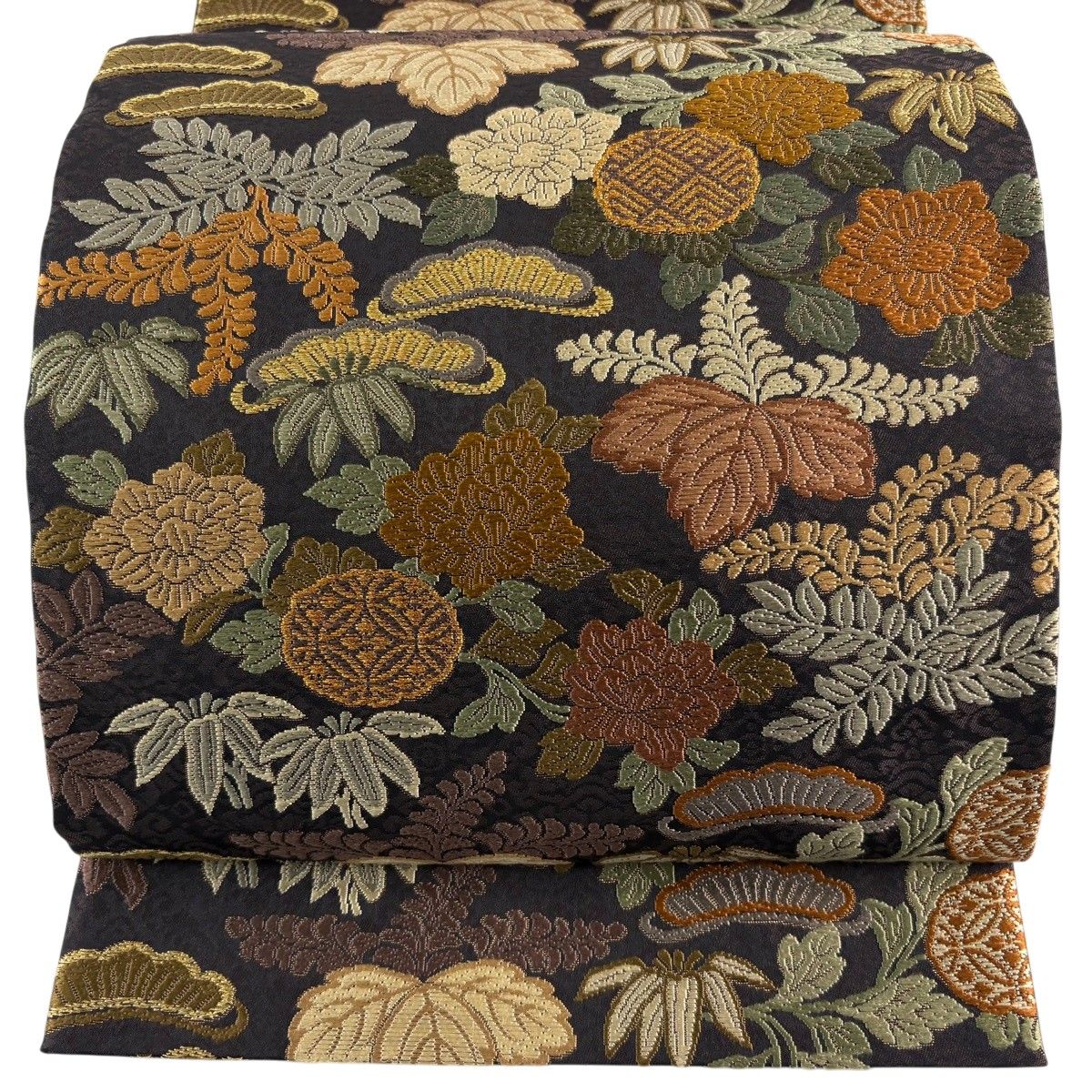 袋帯 名品 桐 菊 金糸 箔 薄茶色 六通 正絹 【中古】