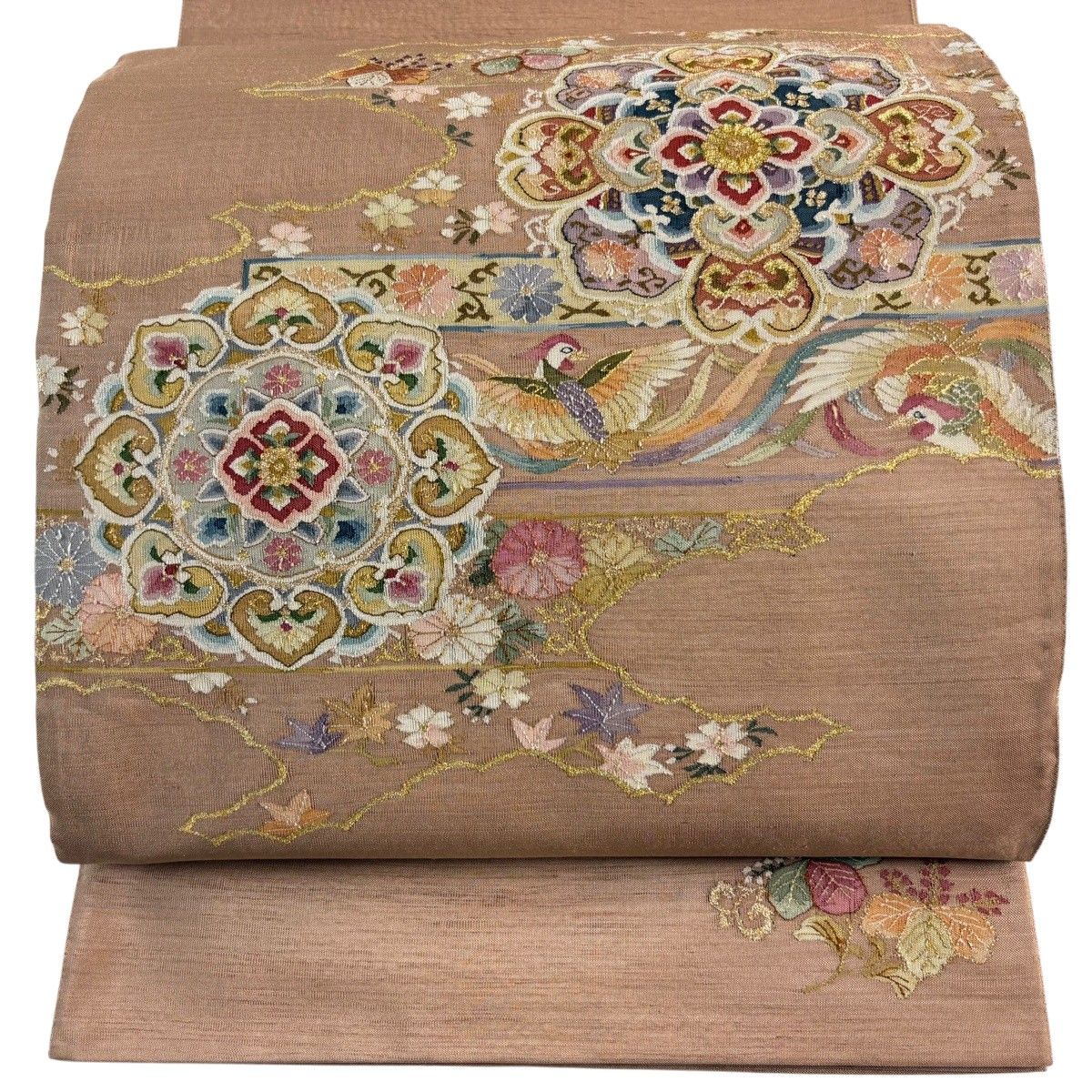 【美品】 袋帯 名品 華文 鳥 金糸 ピンクベージュ お太鼓柄 正絹 【中古】