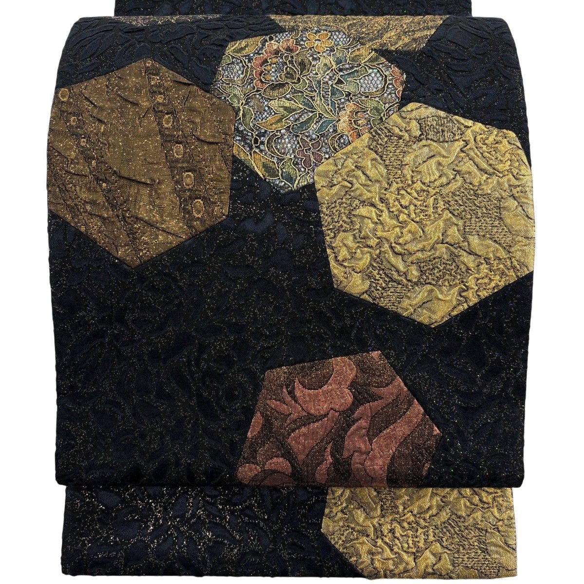 【美品】 袋帯 名品 亀甲 草花 金糸 箔 黒 お太鼓柄 正絹 【中古】