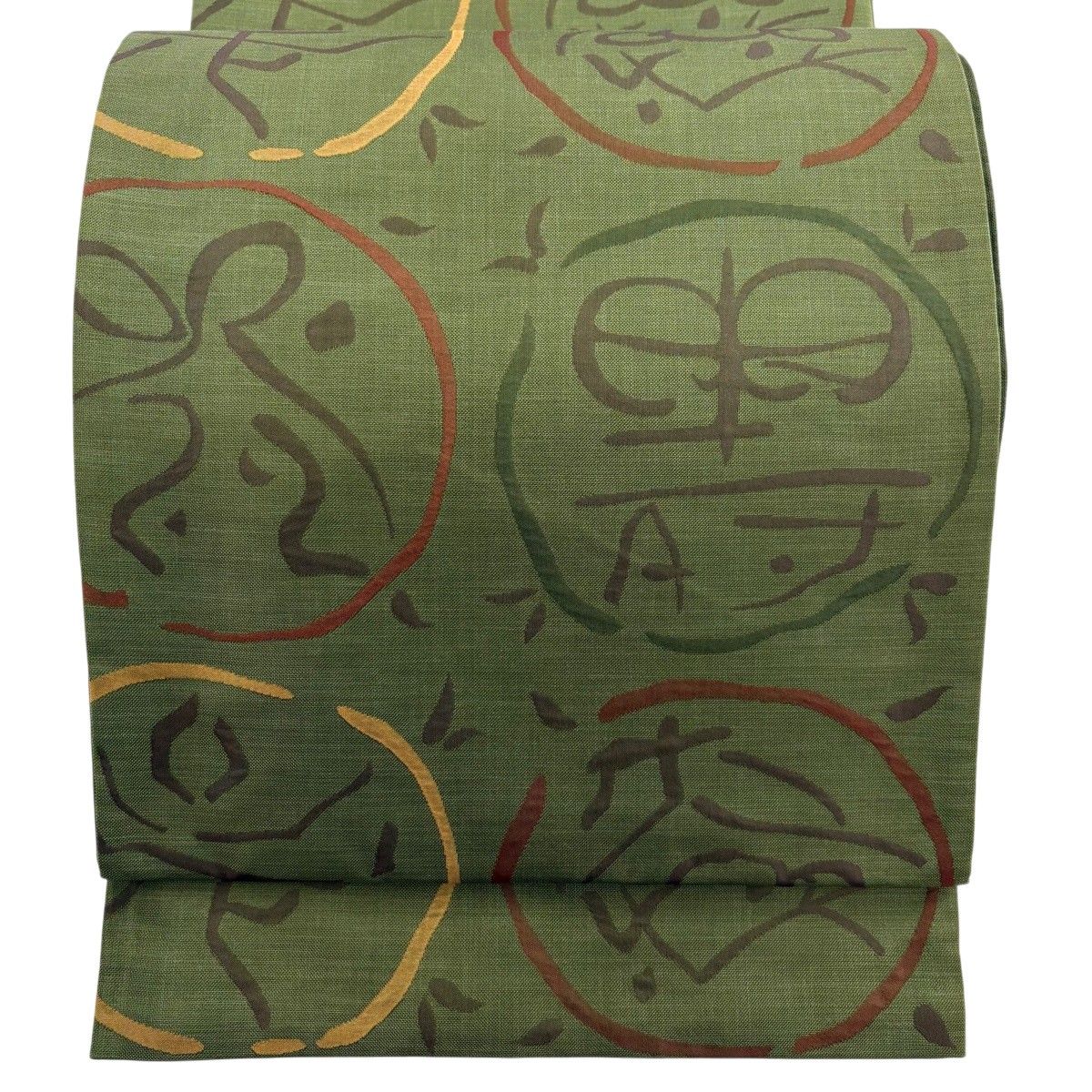 袋帯 名品 木屋太 落款 文字紋 丸文 深緑 六通 正絹 【中古】