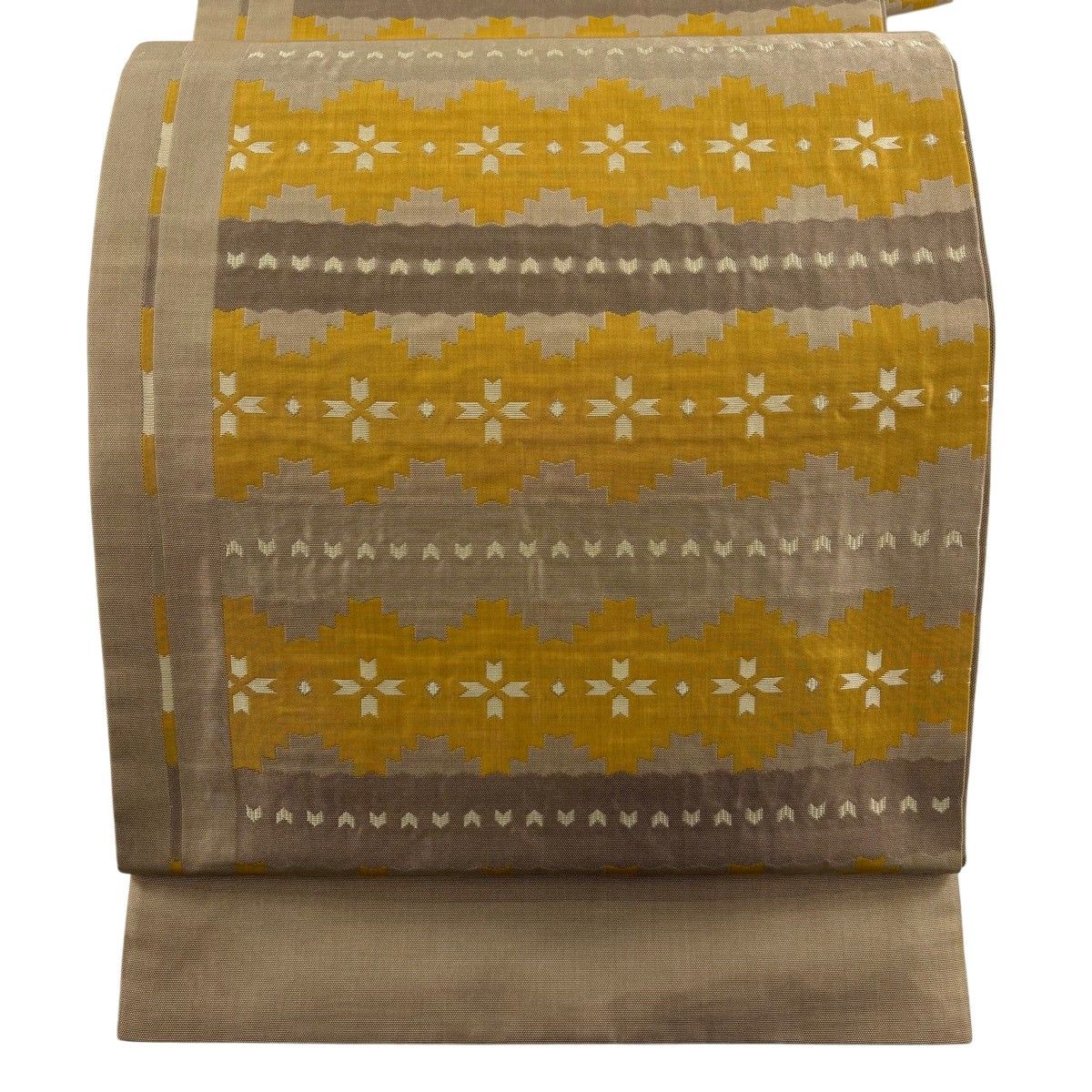 【美品】 袋帯 名品 木屋太 落款 証紙 花 縞 薄茶色 六通 正絹 【中古】