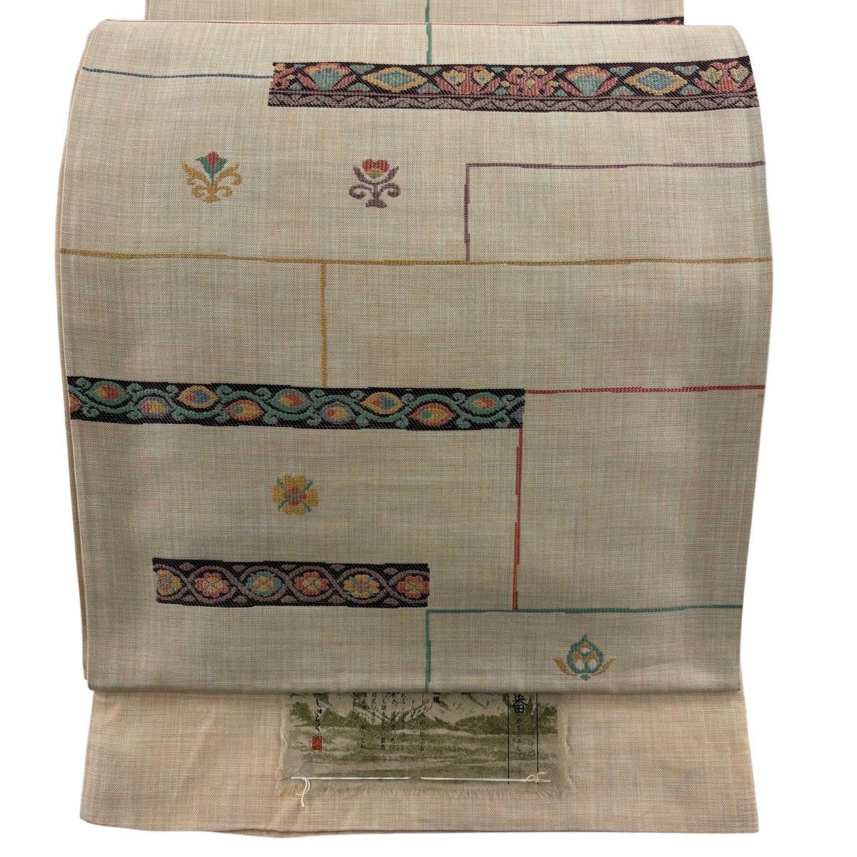 袋帯 名品 じゅらく 証紙 花 幾何学 ベージュ 六通 正絹 【中古】