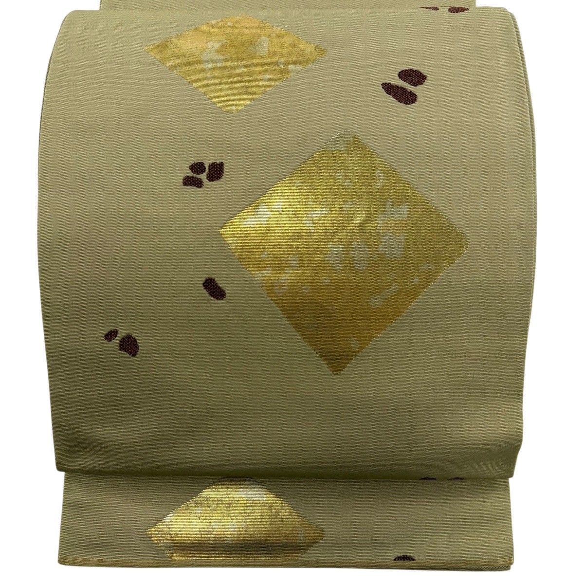 【美品】 袋帯 名品 川島織物 落款 関西仕立て 菱 幾何学 金彩 抹茶色 六通 正絹 【中古】