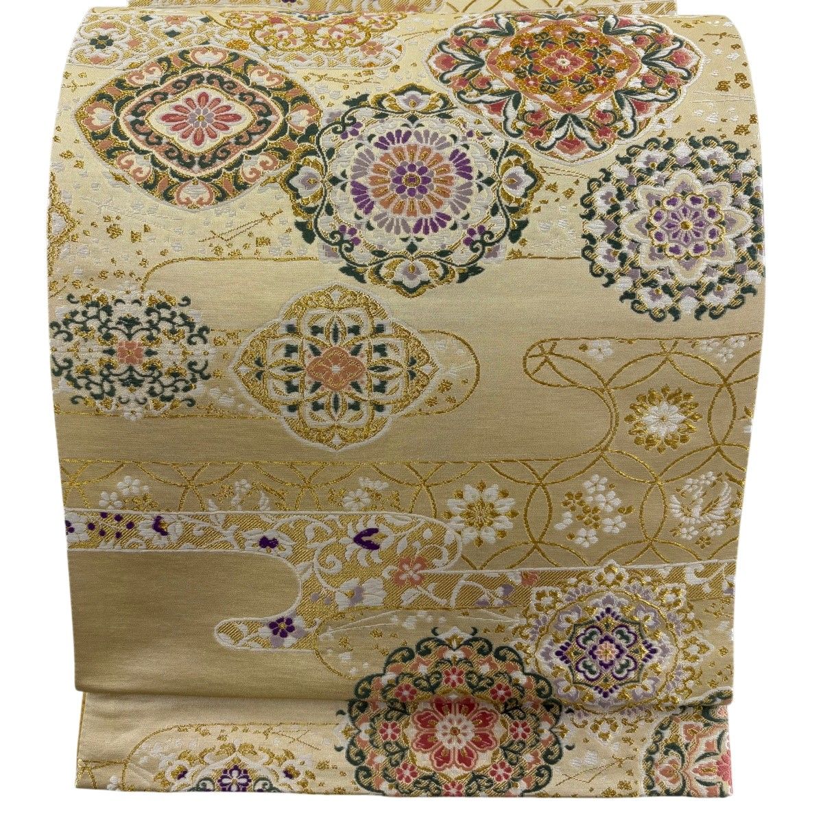 【美品】 袋帯 名品 証紙 古代貝紫 華文 ヱ霞 金糸 唐織 ベージュ 六通 正絹 【中古】