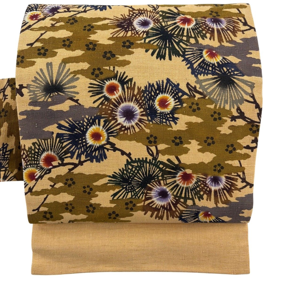 【美品】 名古屋帯 名品 紬地 松 霞 薄茶色 正絹 【中古】