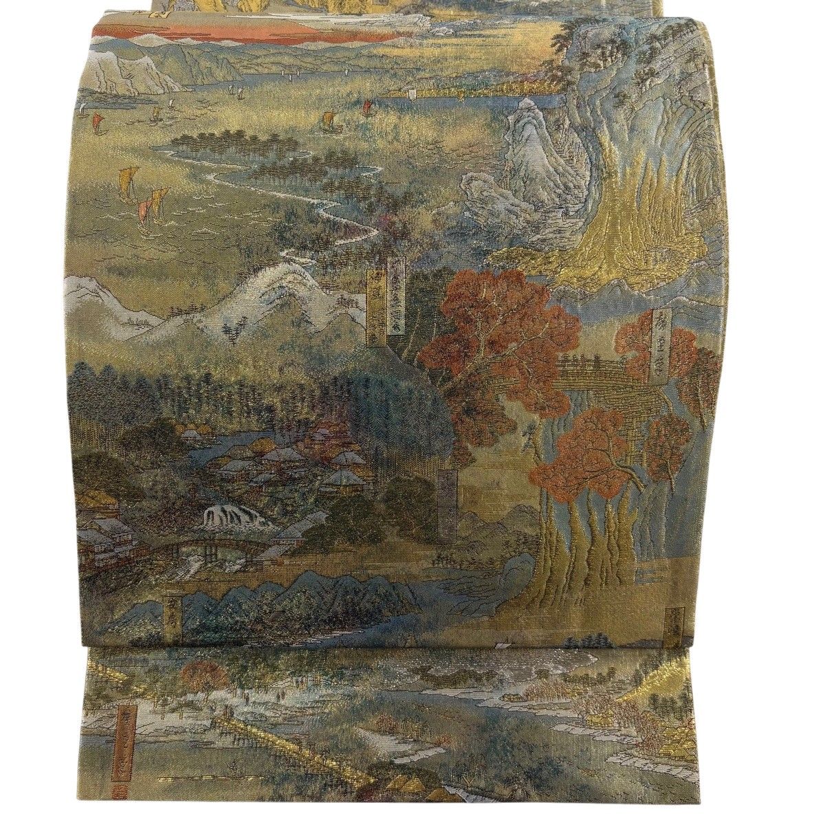【美品】 袋帯 名品 風景 箔 金色 お太鼓柄 正絹 【中古】