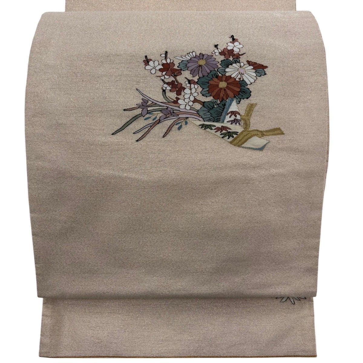 袋帯 名品 花熨斗 草花 金通し 明綴れ 灰桜 お太鼓柄 正絹 【中古】
