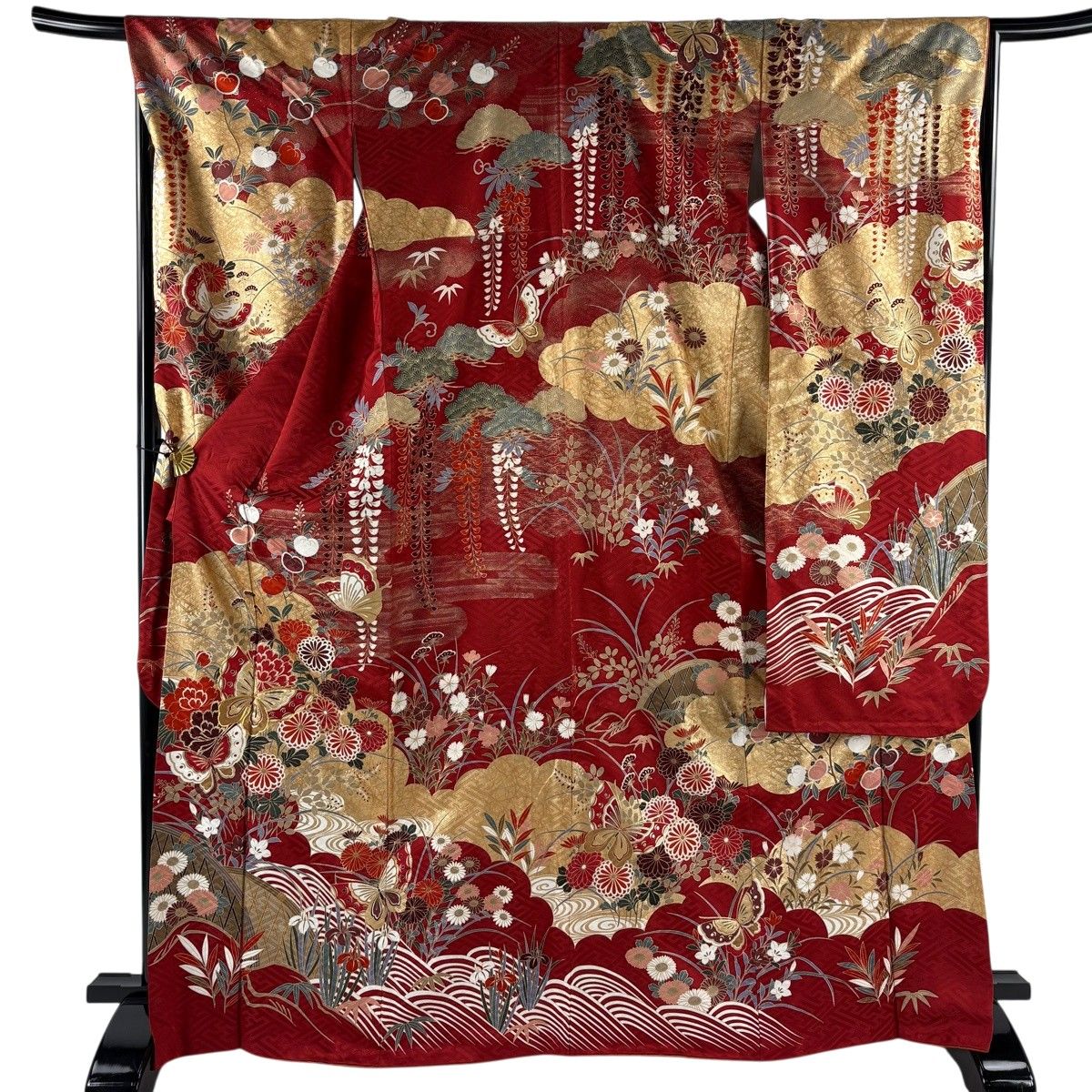【美品】 振袖 身丈168cm 裄丈67cm M 袷 谷崎潤一郎の世界 落款 蝶 菊 金糸 金彩 赤 正絹 名品 【中古】
