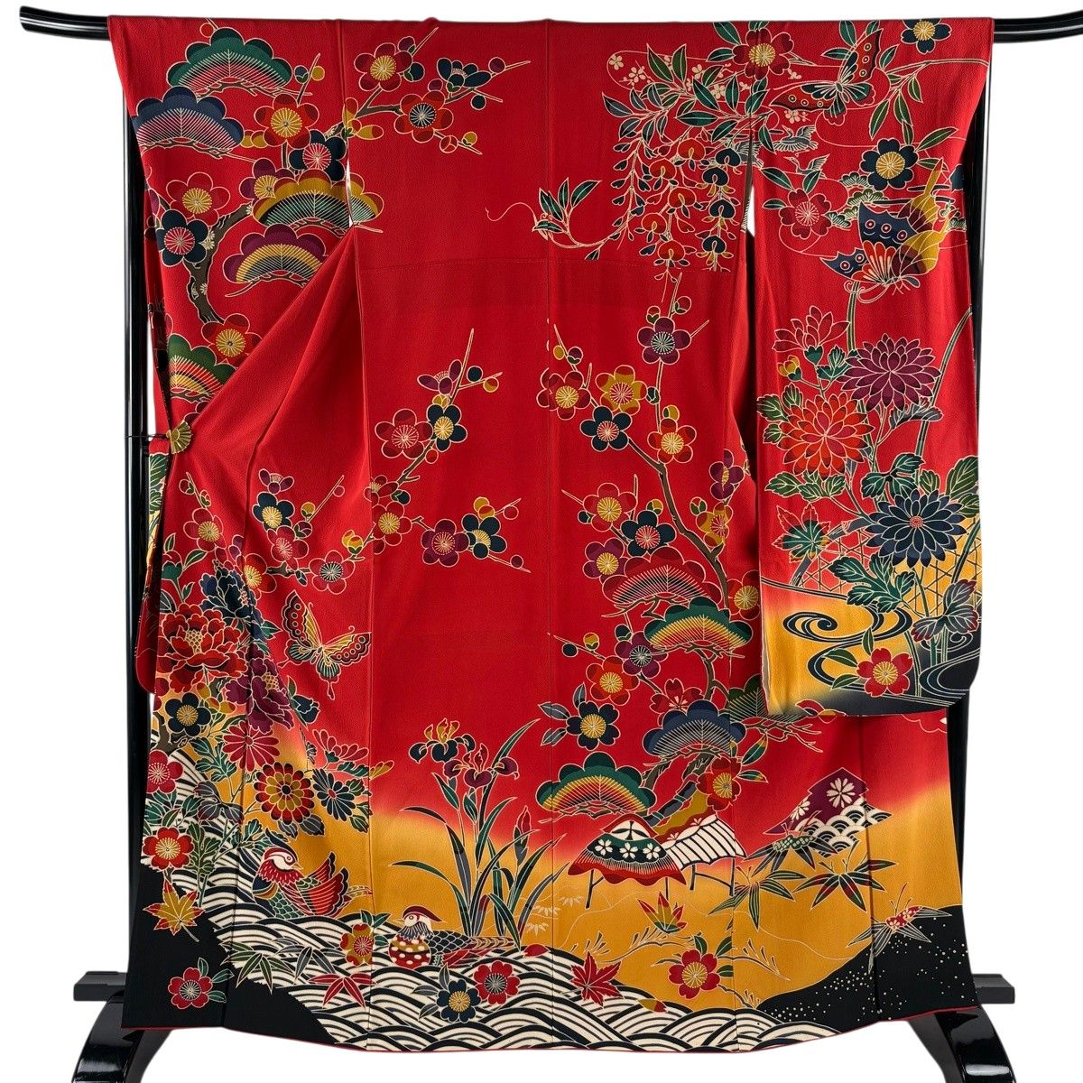 振袖 身丈165cm 裄丈68cm L 袷 草花 蝶 ぼかし 染め分け 朱色 正絹 名品 【中古】