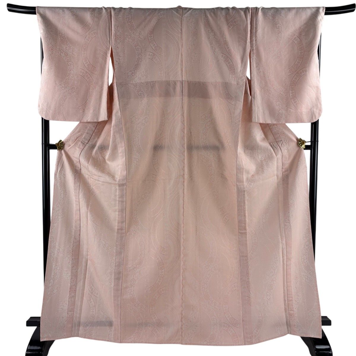 お召 身丈168cm 裄丈69cm L 単衣 花唐草 ピンク 正絹 名品 【中古】