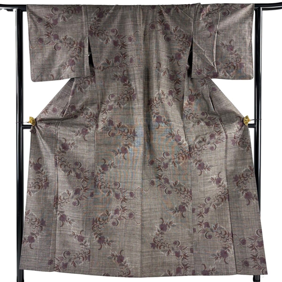 紬 身丈154cm 裄丈61cm S 単衣 草花 焦茶色 正絹 名品 【中古】