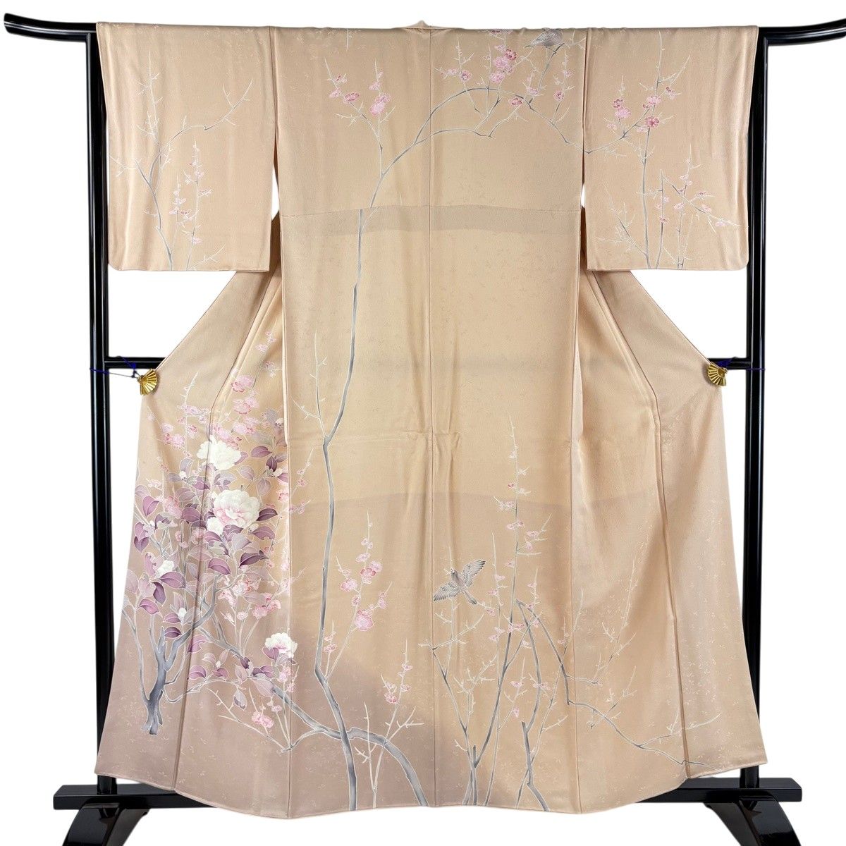 【美品】 訪問着 身丈158cm 裄丈65cm M 袷 枝梅 枝花 ぼかし 刺繍 灰茶 正絹 名品 【中古】