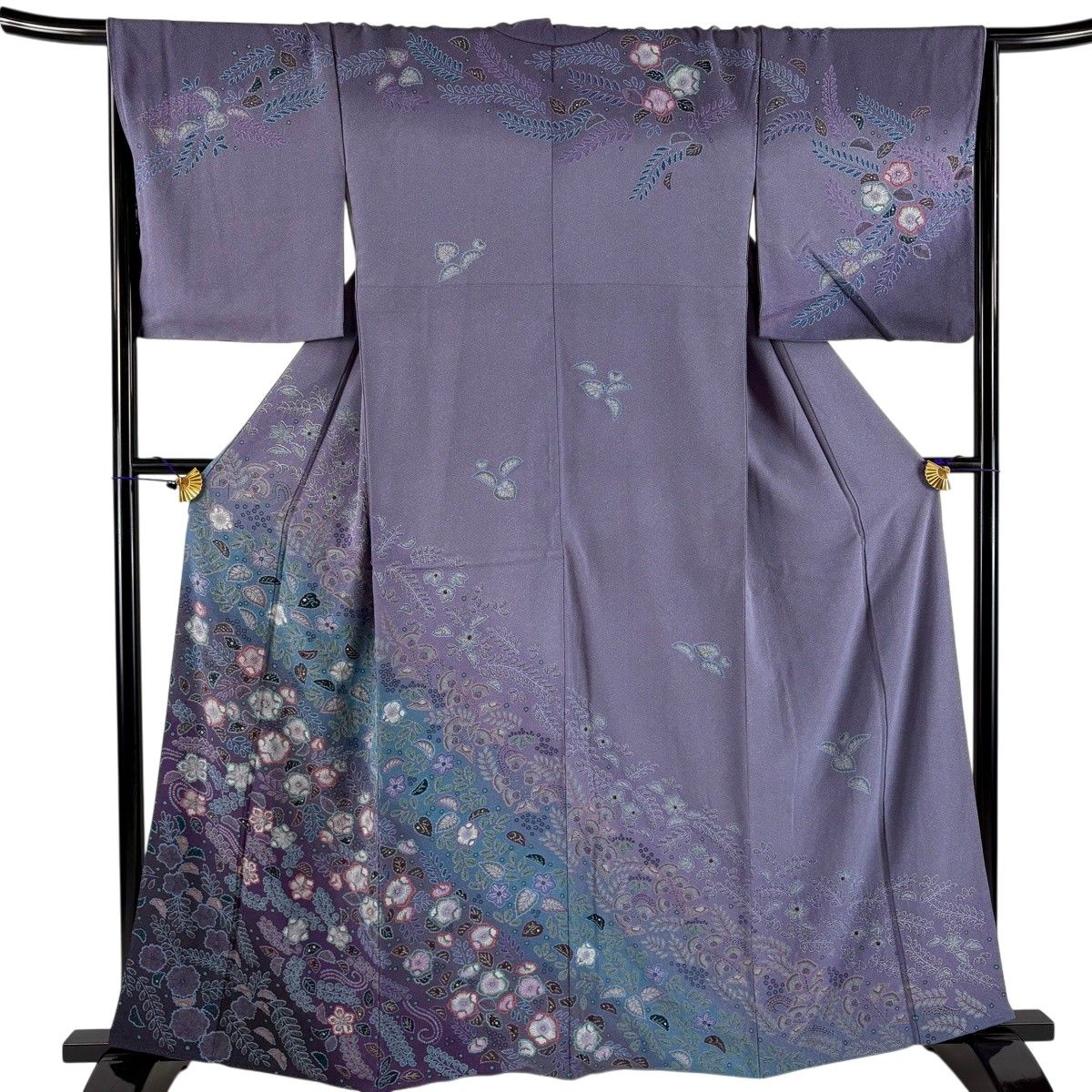訪問着 身丈162cm 裄丈66.5cm M 袷 辻が花柄 染め分け ぼかし 紫 正絹 名品 【中古】