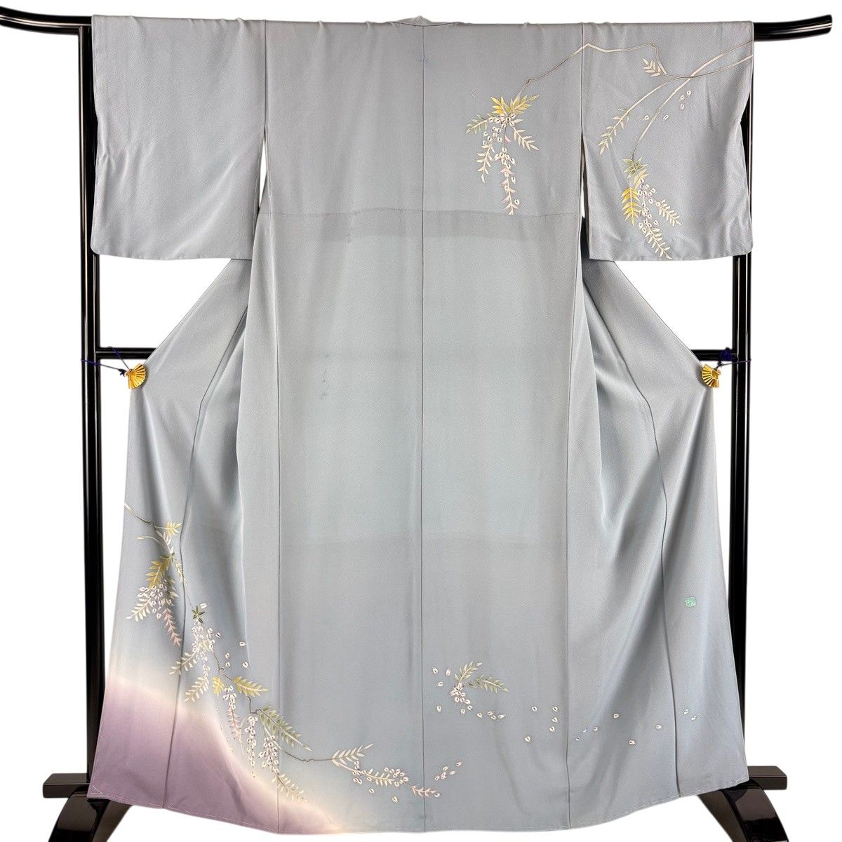 付下げ 身丈164.5cm 裄丈65cm M 袷 落款 藤 染め分け ぼかし 青灰色 正絹 名品 一つ紋 【中古】