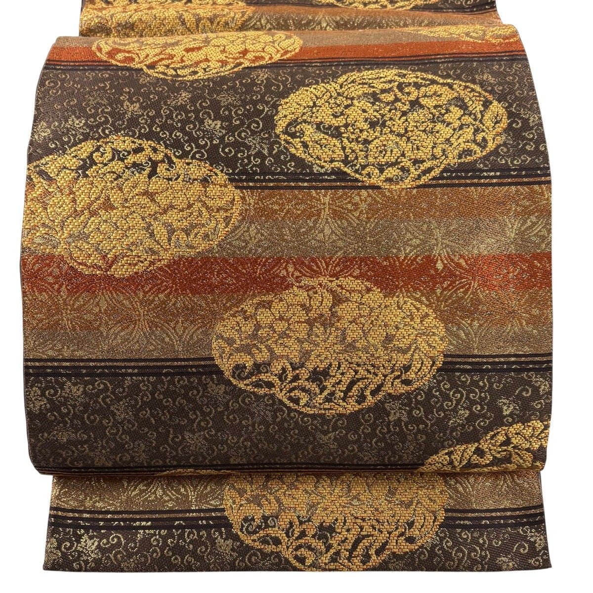 【美品】 袋帯 秀品 花鳥 段縞 箔 金糸 茶色 六通 正絹 【中古】