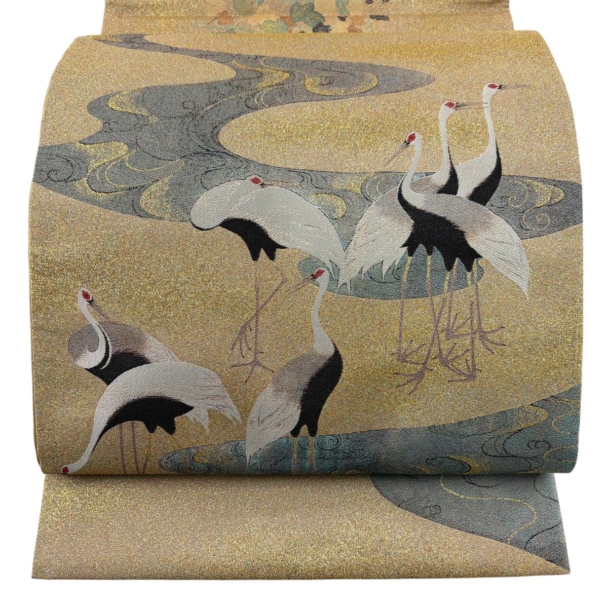 【美品】 袋帯 秀品 鶴 草花 箔 薄茶色 お太鼓柄 正絹 【中古】