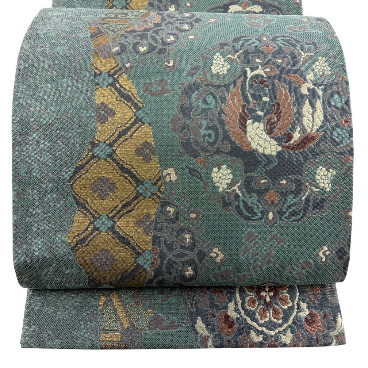 【美品】 袋帯 秀品 華文 鳳凰 箔 灰緑 六通 正絹 【中古】