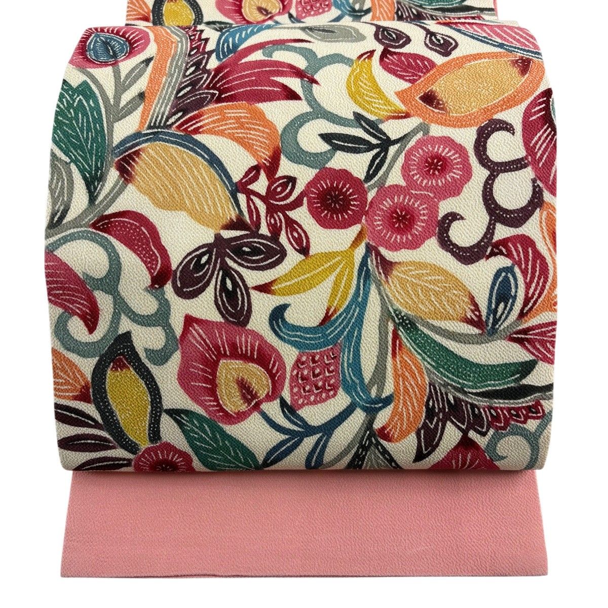 開き名古屋帯 秀品 花唐草 縮緬 ピンク 正絹 【中古】