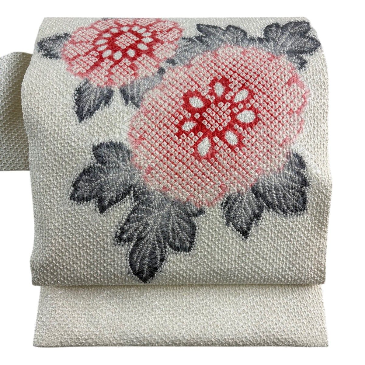 名古屋帯 秀品 草花 絞り クリーム 正絹 【中古】