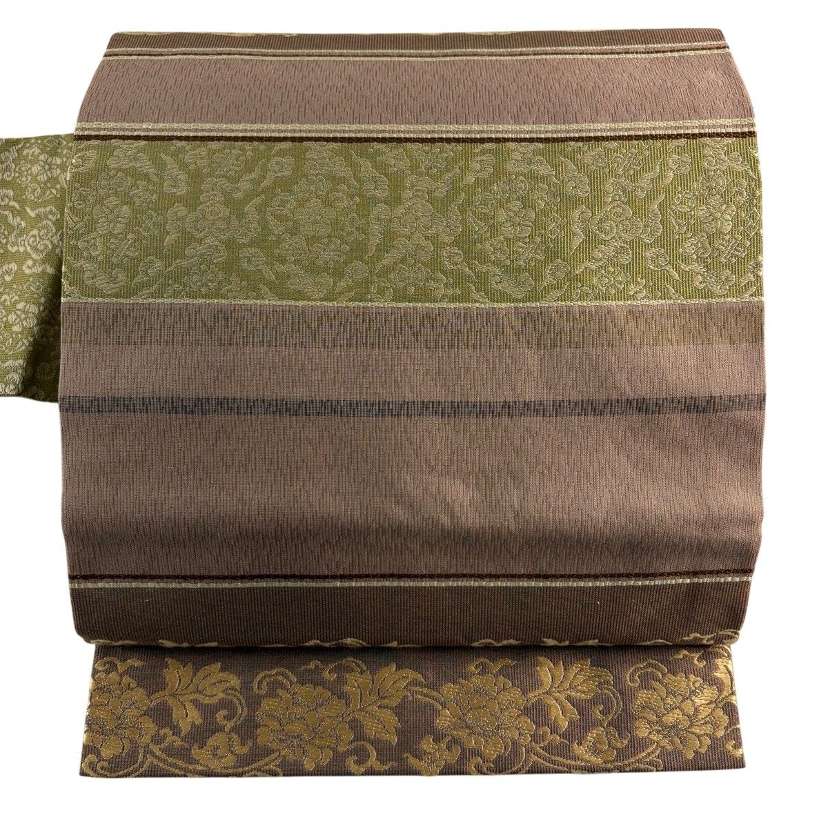 【美品】 名古屋帯 秀品 花唐草 宝尽くし 金糸 薄茶色 正絹 【中古】