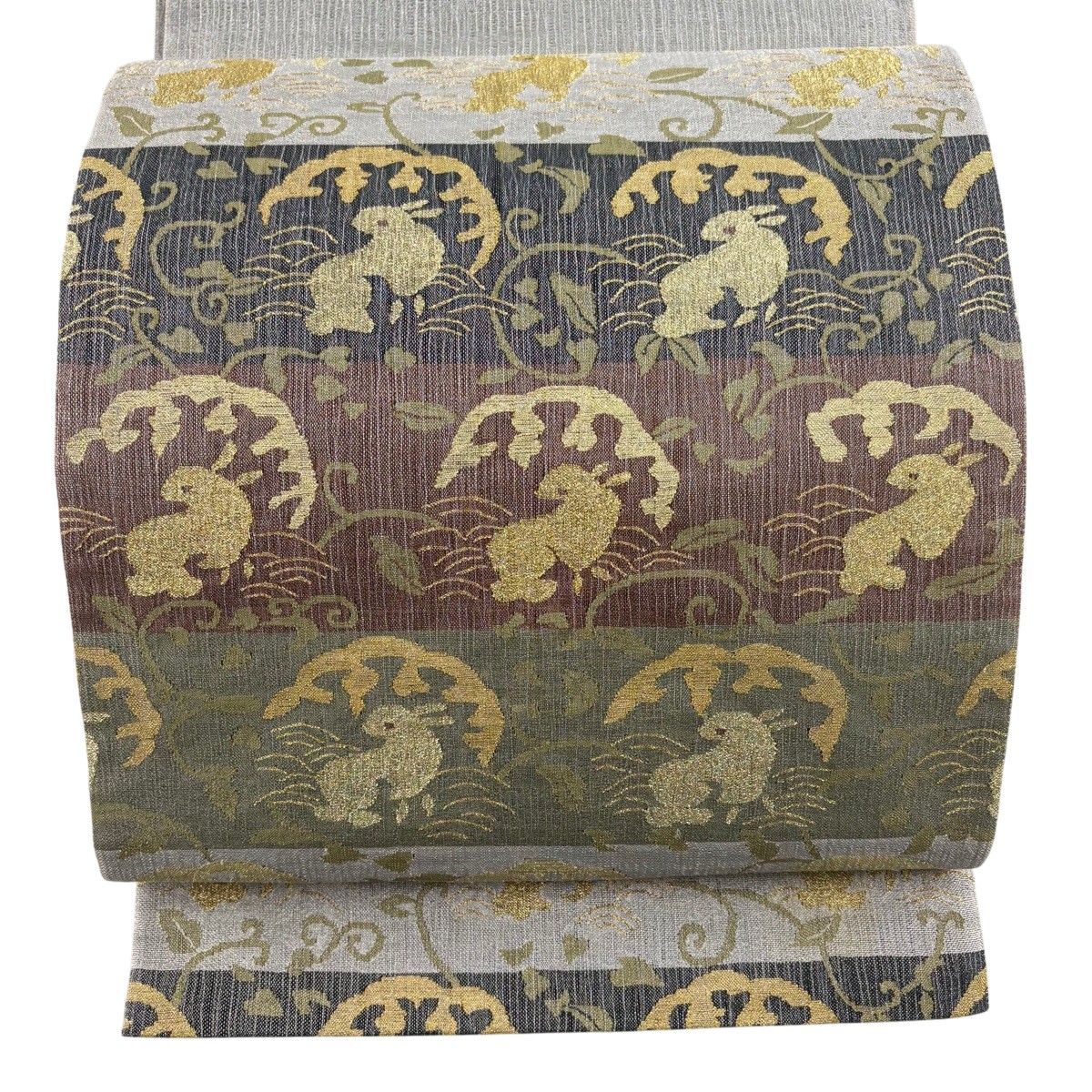 【美品】 袋帯 秀品 夏帯 うさぎ 唐草 金銀糸 灰緑 六通 正絹 【中古】