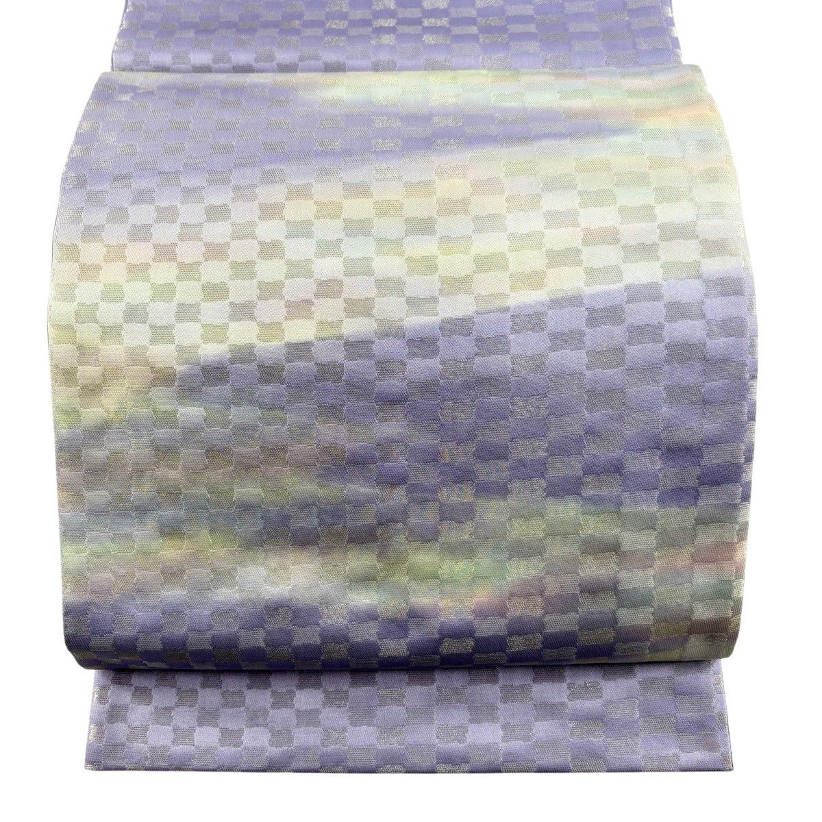 【美品】 袋帯 秀品 落款 霞 市松 銀通し 薄紫 お太鼓柄 正絹 【中古】