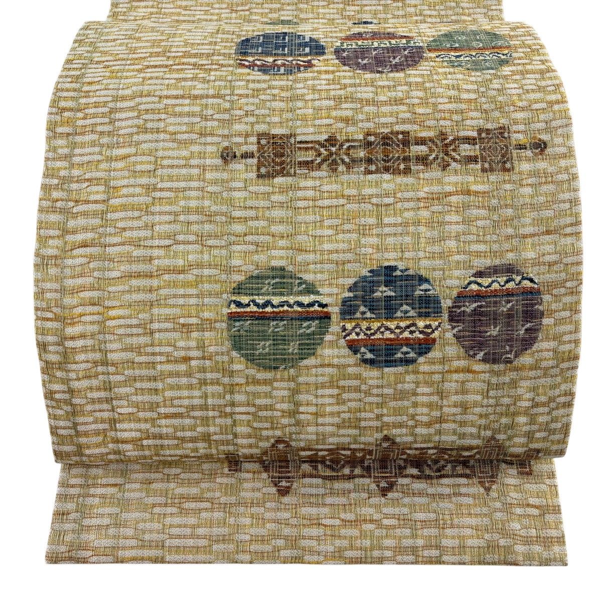 【美品】 袋帯 秀品 幾何学模様 鱗 金糸 灰緑 六通 正絹 【中古】