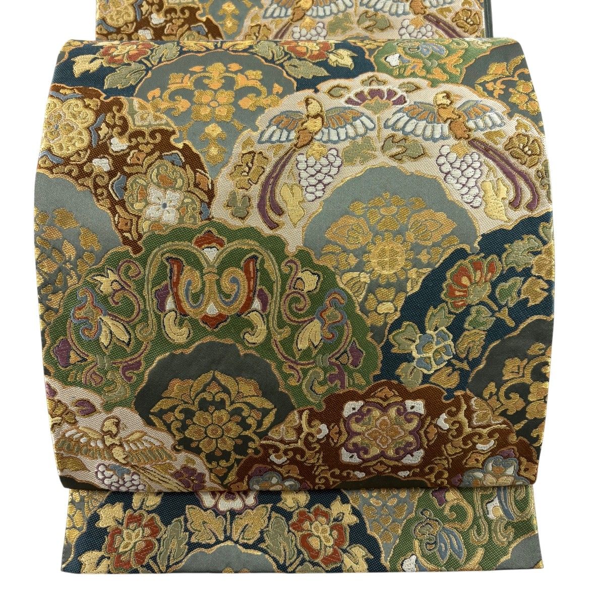 【美品】 袋帯 秀品 雪輪青海波 花鳥 金糸 箔 灰緑 六通 正絹 【中古】