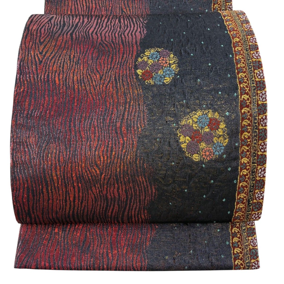 【美品】 袋帯 秀品 花 木目 箔 赤黒 六通 正絹 【中古】