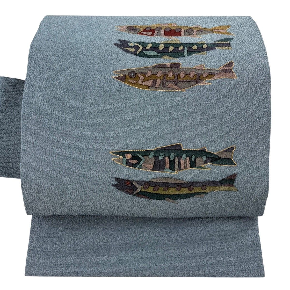 【美品】 名古屋帯 秀品 魚 金彩 縮緬 青灰色 正絹 【中古】