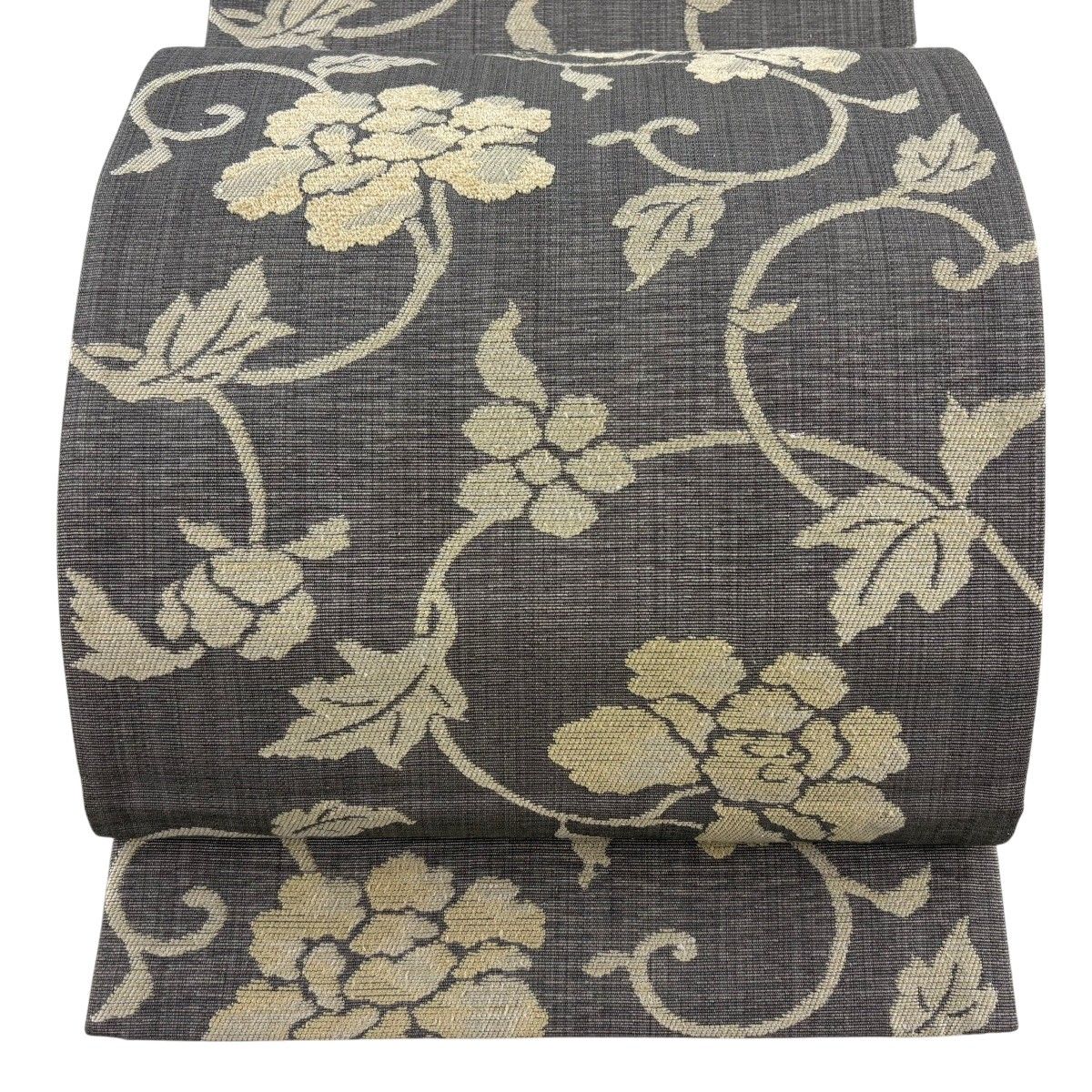 【美品】 袋名古屋帯 秀品 証紙 花唐草 灰色 正絹 【中古】