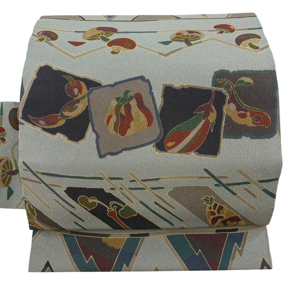 名古屋帯 秀品 野菜 破れ色紙 金彩 縮緬 灰緑 正絹 【中古】