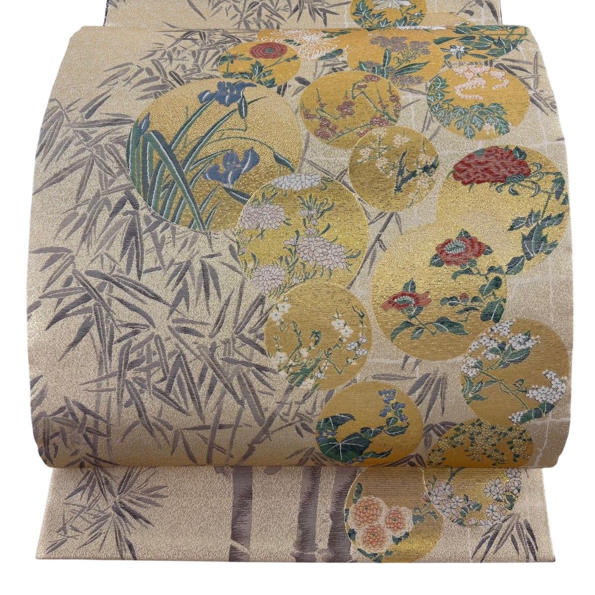 【美品】 袋帯 秀品 丸文 草花 箔 金色 お太鼓柄 正絹 【中古】