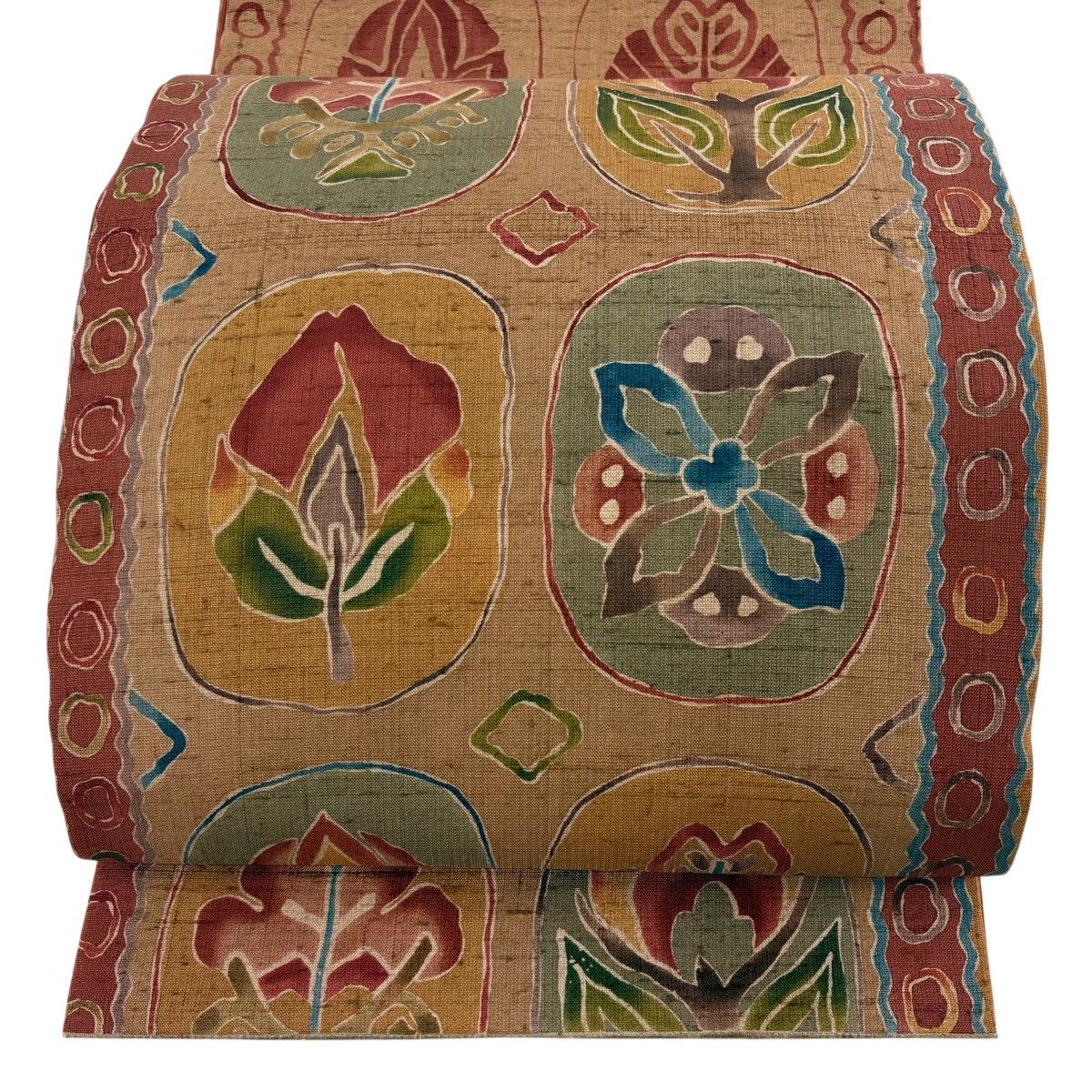 美品】 袋帯 秀品 紬地 関西仕立て 草花 薄茶色 お太鼓柄 正絹 【中古】