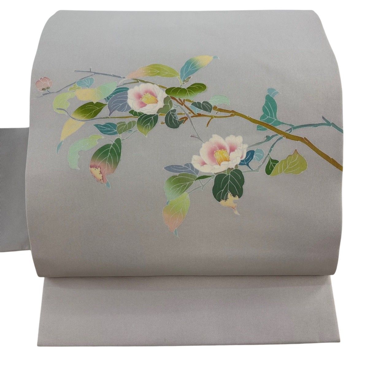 名古屋帯 秀品 落款 枝花 灰色 正絹 【中古】