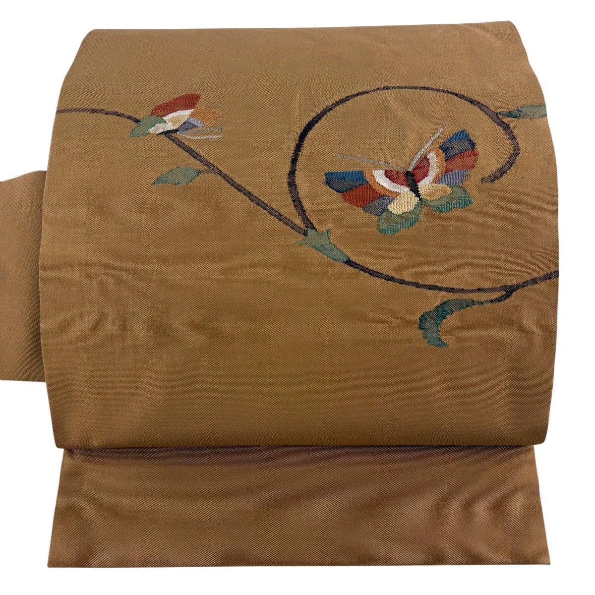 【美品】 名古屋帯 秀品 紬地 蝶 花唐草 山吹茶色 正絹 【中古】