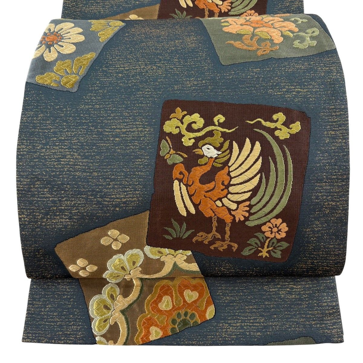【美品】 袋帯 秀品 鳥 草花 箔 唐織 深緑 六通 正絹 【中古】