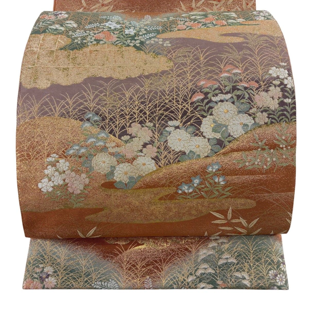 【美品】 袋帯 秀品 落款 藤三郎 秋草 雲文 箔 赤茶 六通 正絹 【中古】