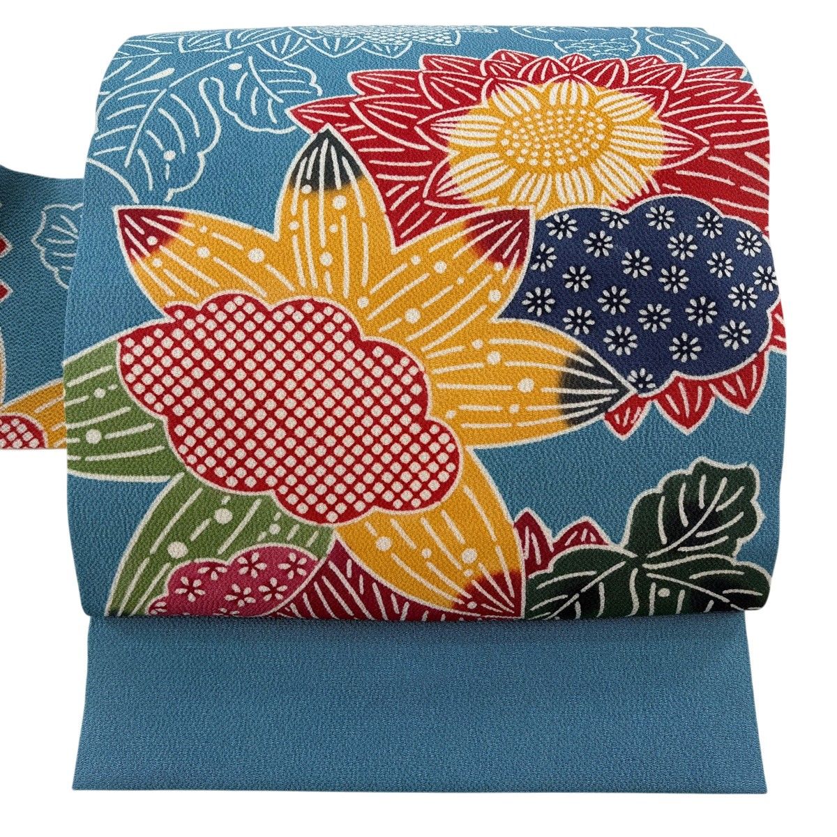 名古屋帯 秀品 草花 雲文 縮緬 水色 正絹 【中古】