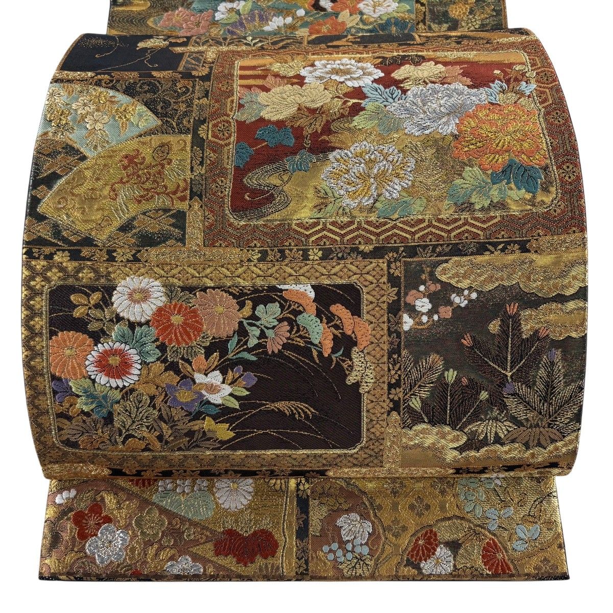 【美品】 袋帯 秀品 飾棚花文様 牡丹 松竹梅 金銀糸 箔 黒 六通 正絹 【中古】