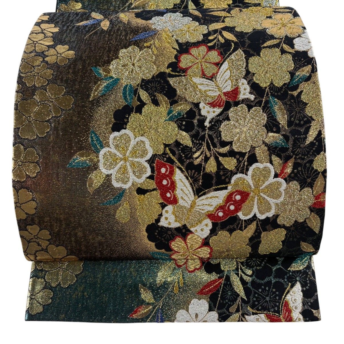 【美品】 袋帯 秀品 振袖向き 蝶 枝垂れ桜 箔 金糸 黒 六通 正絹 【中古】