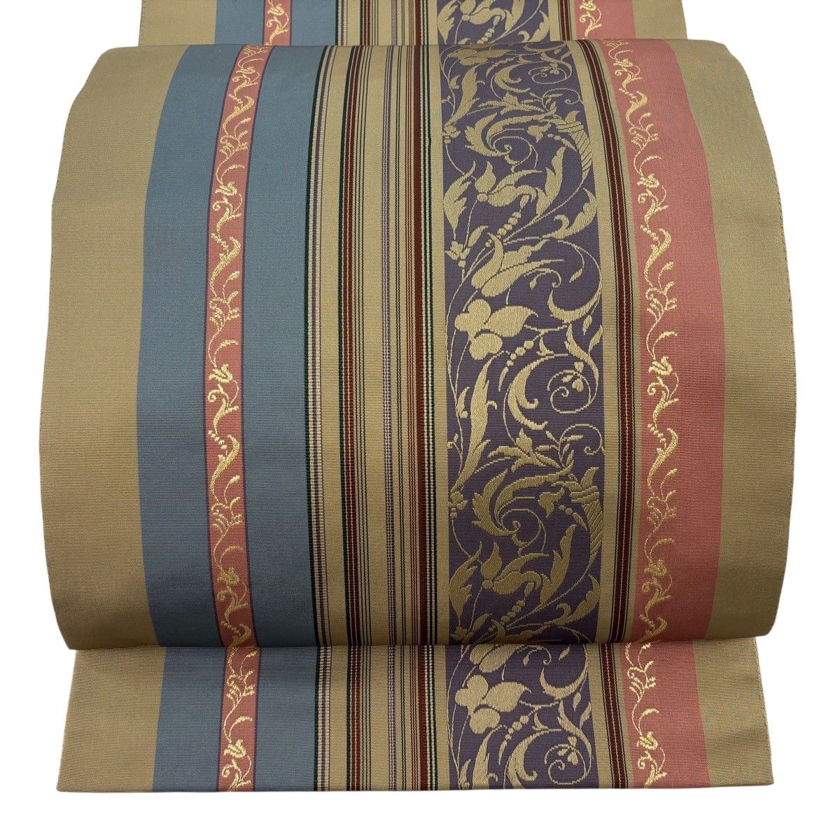【美品】 袋帯 秀品 草花 縞 金糸 茶緑色 全通 正絹 【中古】