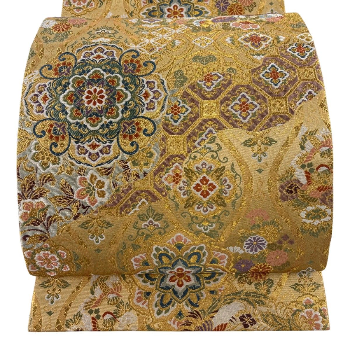 【美品】 袋帯 秀品 立涌 華文 金糸 箔 黄土色 六通 正絹 【中古】
