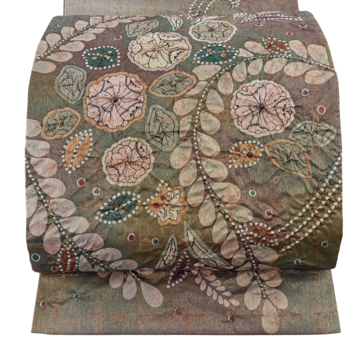 【美品】 袋帯 秀品 落款 辻が花 銀糸 箔 灰緑 お太鼓柄 正絹 【中古】