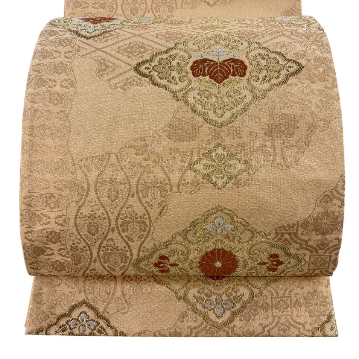 【美品】 袋帯 秀品 花菱 草花 金糸 箔 薄オレンジ 六通 正絹 【中古】